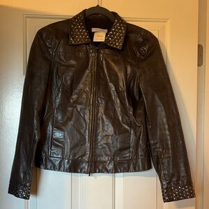 Rene Lenard Studded Leather Jacket Women’s Biker Brown Small S EUC Pockets VTG